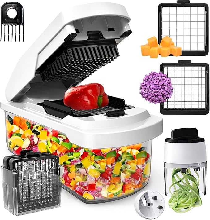 Vegetable Chopper: 10 in 1 Food Chopper - Onion Vegetable Slicer Cutter Dicer, Veggie Cutter with Container, 2 Blades, Kitchen Gadgets for Carrot Salad Garlic Potato Slicer