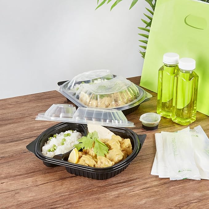 RW Base 28 Ounce Meal Prep Containers, 100 Microwavable To Go Containers With Lids - 2 Compartments, Disposable, Black Plastic Oval Food Containers, For Hot And Cold Food, Freezable - Restaurantware