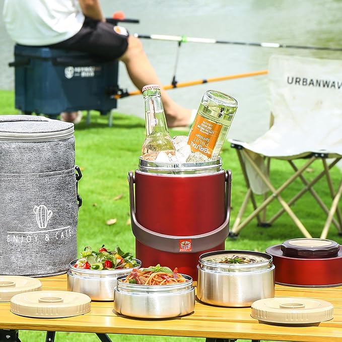 67 Oz Adults Stainless Steel Vacuum Soup Thermos For Hot Food with Inserts Stackable Bento Box and Lunch Bag,Width Mouth Portable Nsulated Food Jar Lunch Container (red, 67 oz)