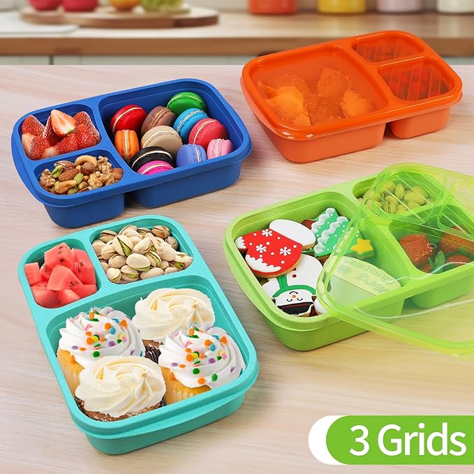 8 Pack Bento Lunch Box Set 3 Compartment Wheat Straw Meal Prep Food Storage Containers Plastic, Microwave and Dishwasher Safe (Jewel Brights)
