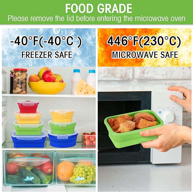 Yaomiao 16 Pack Collapsible Food Storage Containers with Lid Foldable 8 Pcs Rectangle Storage Bowl and 8 Pcs Round Silicone Food Bow for Lunch Rv Accessories Microwave Freezer Safe(Bright Colors)