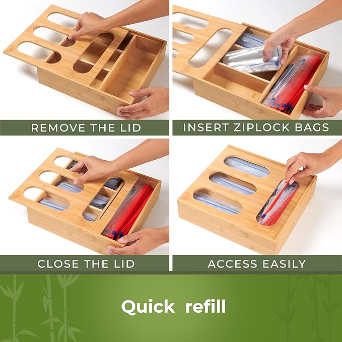 Storage Bag Organizer, Sandwich Bag Organizer - Bamboo Monoblock Design with Labels Included, Quick Refill Slider, by Woodenhouse