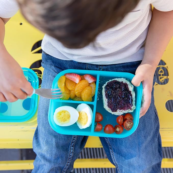 Bumkins Snack/Lunch Bento Box for Kids and Adults, 3 Compartment Container, Leak Proof Lid, for Portioning, Large Section Can Hold Sandwich, Food-Safe LFGB Platinum Silicone, Microwave-Safe, Blue