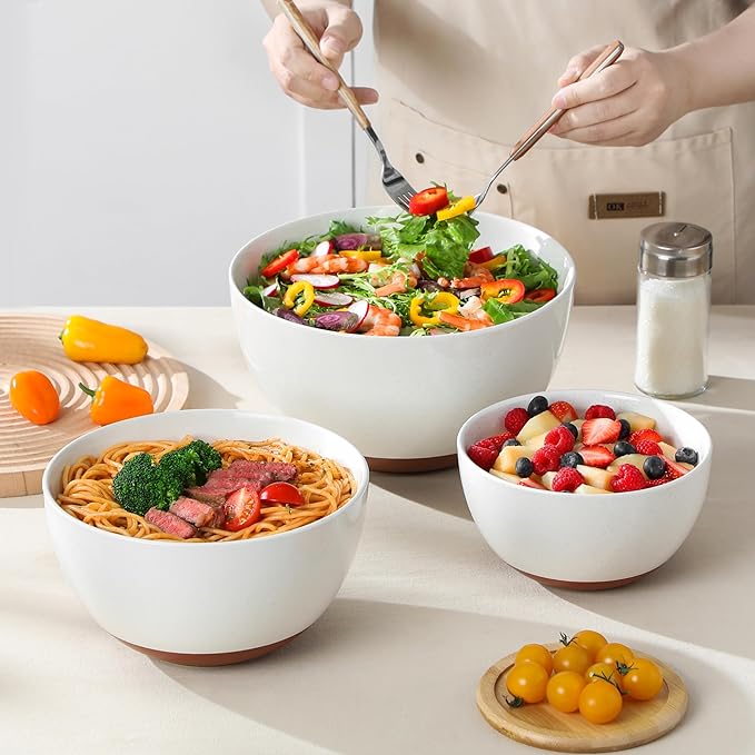 MALACASA Ceramic Large Mixing Bowls, Large Serving Bowls for Cooking, Prepping, Baking, Salad, Soup, Popcorn, Pasta, Nesting Bowls Set of 3, 4.38/2.5/1.44 Qt, Oven, Microwave and Dishwasher Safe