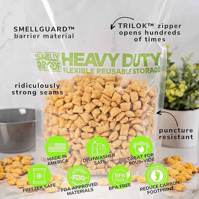 Smelly Proof HEAVY DUTY Reusable STAND-UP Ziplock Bags for Food Storage, USA Made, NO PEVA & BPA FREE, Reusable Freezer Bags, Dishwasher-Safe, Triple Zip, CLEAR 5-mils XXL 2-Gallon 12" x 16" - 5pk