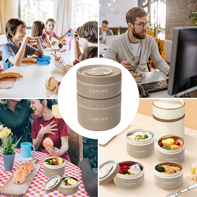 Portable Bento Box Set, 2 Stackable Thermal Food Containers for Adult, Brown