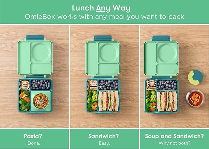 Omie OmieBox Bento Box for Kids - Insulated Lunch Box with Leak Proof Thermos Food Jar - 3 Compartments, 2 Temperature Zones - (Meadow) (Single)