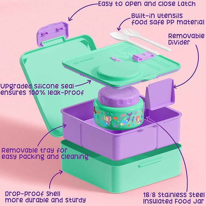 Fimibuke Bento Box for Kids Adult - Leakproof 3-4 Compartments Lunch Bento Box Set with Insulated Thermos Food Jar, Water Bottle, Lunch Bag, Sauce Cup & Cutlery for Toddler Teen Shcool Girl Boy Age 3+
