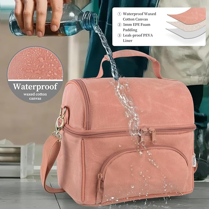 Lunch Box with 2 XL icepacks,Sturdy Waxed Canvas Insulated Lunch Bag for Women, Dual Compartment Soft Cooler Bag For Work, Picnic, Travel, Outdoors (10.5L) 10"x7"x9.5" (Mellow Rose)