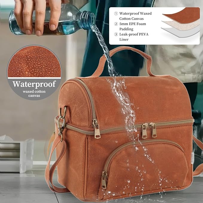 Lunch Box for men with 2 XL icepacks,Sturdy Waxed Canvas Insulated Lunch Bag for Adult, Dual Compartment Soft Cooler Bag For Work, Picnic, Travel, Outdoors (10.5L) 10"x7"x9.5" (Rustic brown)