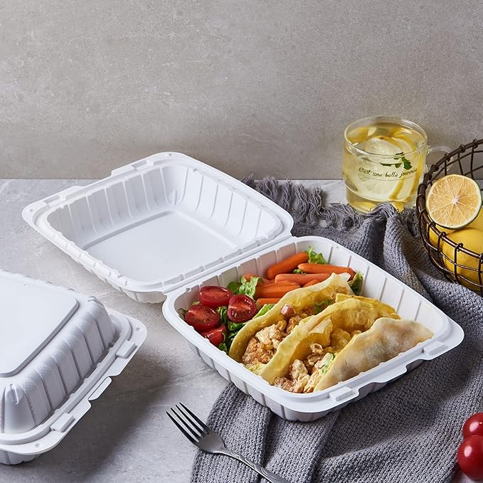 FULING [8x8-Inch, 50 Pieces Disposable To Go Box Containers, Plastic Clamshell Takeout Food Trays, Microwave Safe, Cut Resistantstable Hinged Lid, Hybrid Polypropylene, White