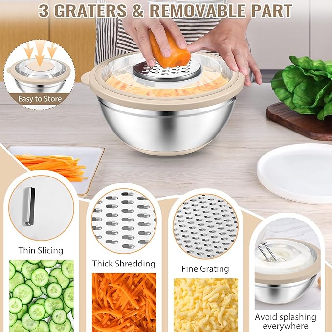 P&P CHEF 4-In-1 Stainless Steel Colander with Bowl Set, Rotatable Strainers for Kitchen, Fruit Cleaner, Washing Fruit & Draining Pasta, Mixing Bowl and Lid with Grater for Salad, Khaki