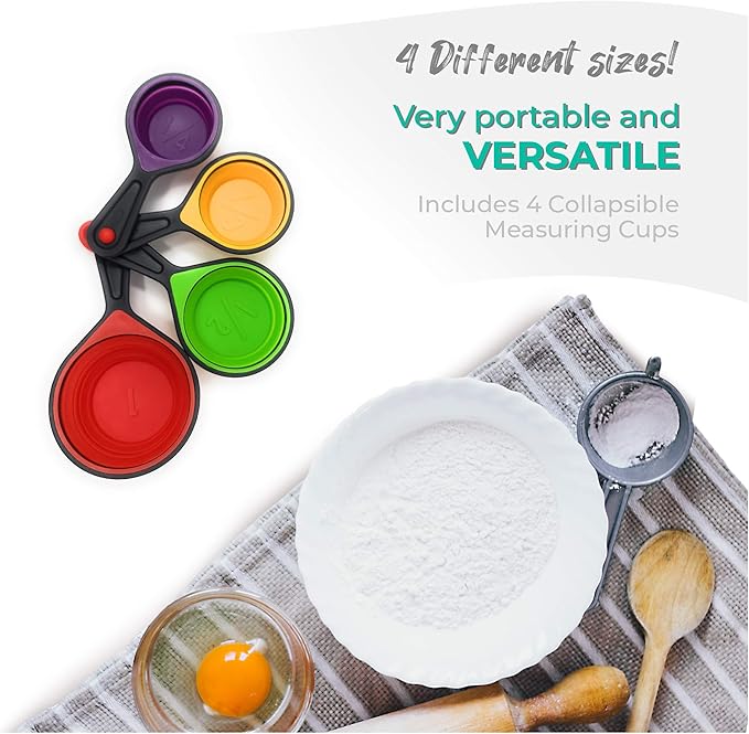 Collapsible Silicone Food Storage Containers - 16 Pcs Set with Lids Made by Silictek - Food Grade Travelling Measuring Cups - Measuring Spoons & Sporks- Portable & BPA Free - 4x Each