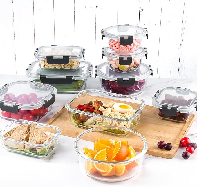 C CREST Food Storage Glass Containers Set of 12 with Locking Lids, Multi-Size, Airtight Seal for Freshness, Perfect for Meal Prep and Storage