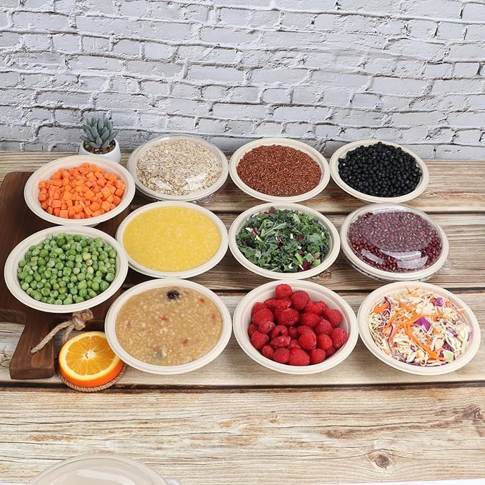 12 oz Round Disposable salad bowls with lids, Sugarcane Fiber Paper Bowls take away food containers Plant Fibers Freezer Safe 50 Pack