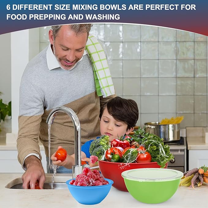 6-Piece Plastic Mixing Bowl Set with Lids for Kitchen, Nesting Storage Bowls for Baking, Prepping,Cooking and Serving Food, Dishwasher, Microwave Safe,Great for Mixing & Serving(6 Set-Rose Red)