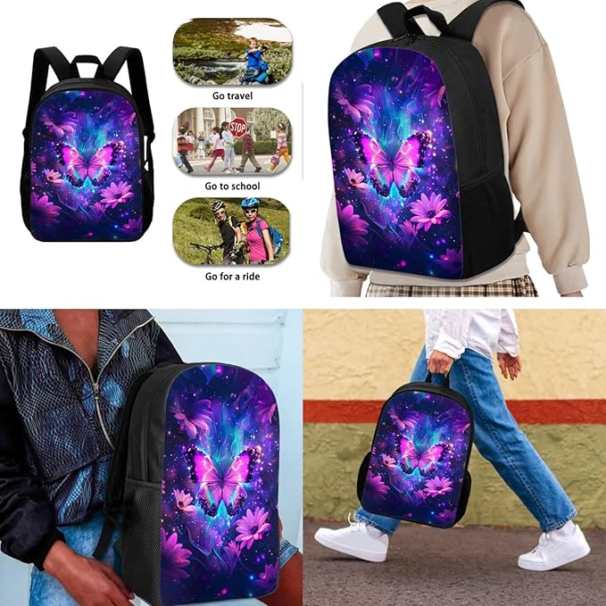 Dolyues Purple Flower Butterfly 3-Piece Kids Backpack Set: Casual Daypack with Lunch Bag and Pencil Case - 17” School Bag for Boys & Girls - Perfect for Preschool and Cool Adventures