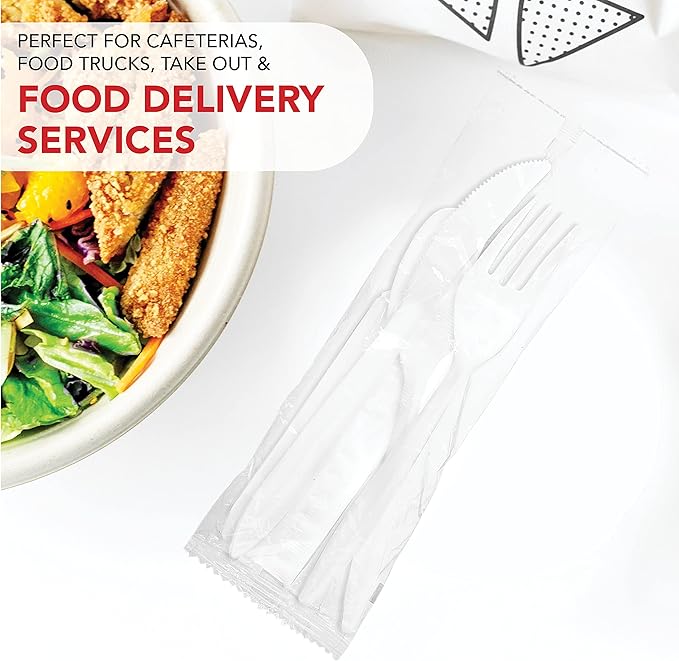Party Essentials Individually Wrapped Plastic Cutlery Packets/Silverware Kits, White Fork/Spoon/Knife/Napkin, 50 Sets