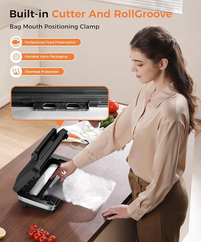 95kpa Vacuum Sealer Machine,Commercial Full Automatic Food Sealer,Powerful Sealing System with Double Heat Seal,Bags Storage, Easy-Lock Handle,Build-in Cutter,1 Bag Rolls & 10 pcs Pre-cut Bags(Silver)