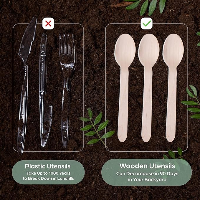 (100 Count) Disposable Wooden Spoons Set - Alternative to Plastic, Eco Friendly, Biodegradable, Compostable Cutlery Set - 100 Wood Spoons Disposable Set