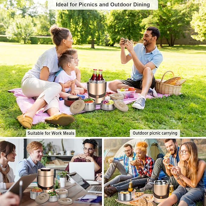 67 oz Adults Stainless Steel Vacuum Insulated Wide Mouth Soup Food Thermos Hot Food Jar with Keep Thermal Portable 3 Tier Stackable Bento Hot Food Containers Lunch Boxes (67 oz Gold)