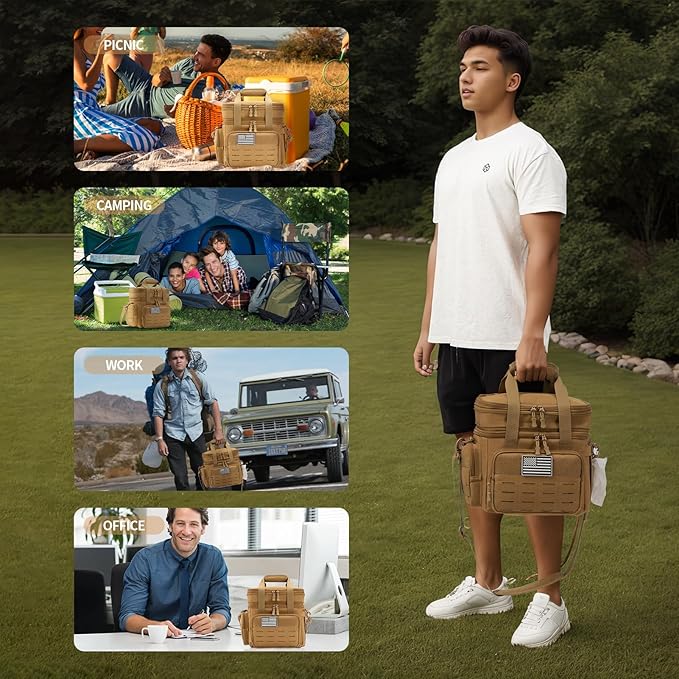 QT&QY Tactical Lunch Box for Men Expandable 18L Heavy Duty Military Insulated Cooler Bag, Leakproof Thermal Lunch Bag for Work Camping Outdoor Picnic Pail Adult Meal MOLLE Webbing Khaki