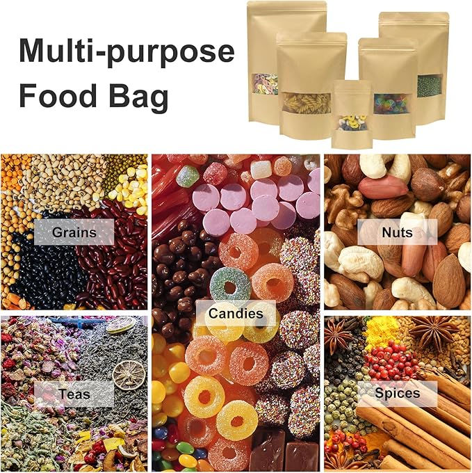 SumDirect Kraft Food Bags with Window - Resealable Kraft Stand Up Pouches, 50Pack 7X10inches Zipper Food Storage Bags for Packaging