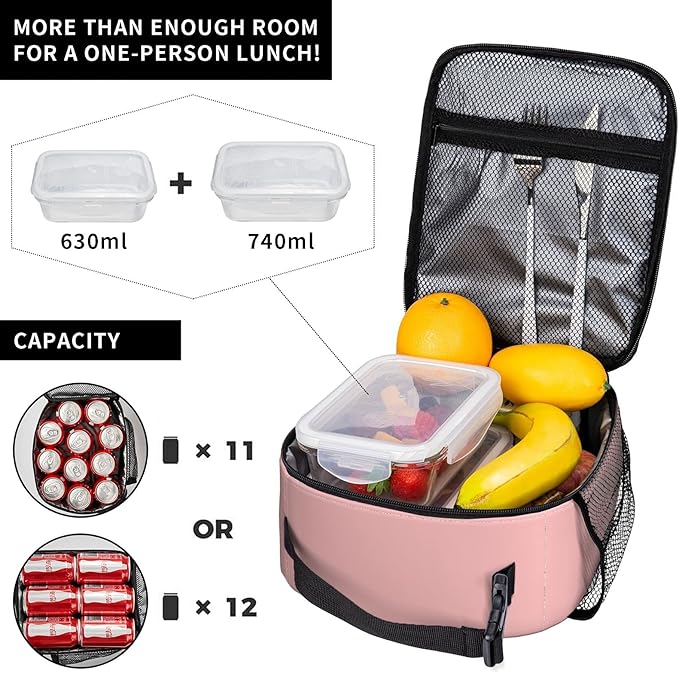 Pink Lunch Bag for Girls Kids Women Washable Thremal Picnic Meal Box for School Office Insulated Cooler Reusable Portable