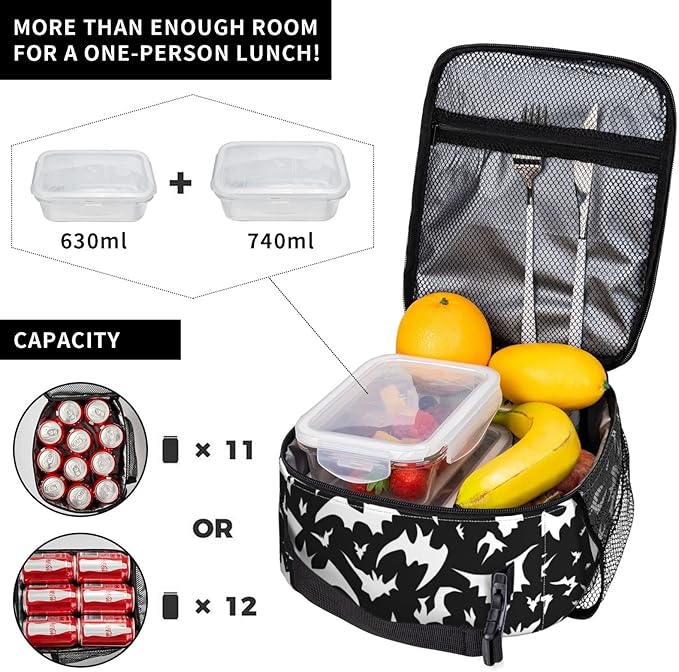 YETTA YANG Halloween Bat Cool Portable Lunch Bag Insulated Lunch Box Reusable Totes For Women Men Work Picnic Camping
