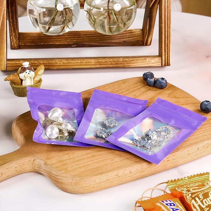 100 Pack Purple Holographic Bags Smell Proof Packaging Bags with Window for Food Storage and Small Business(2.4×4Inch)