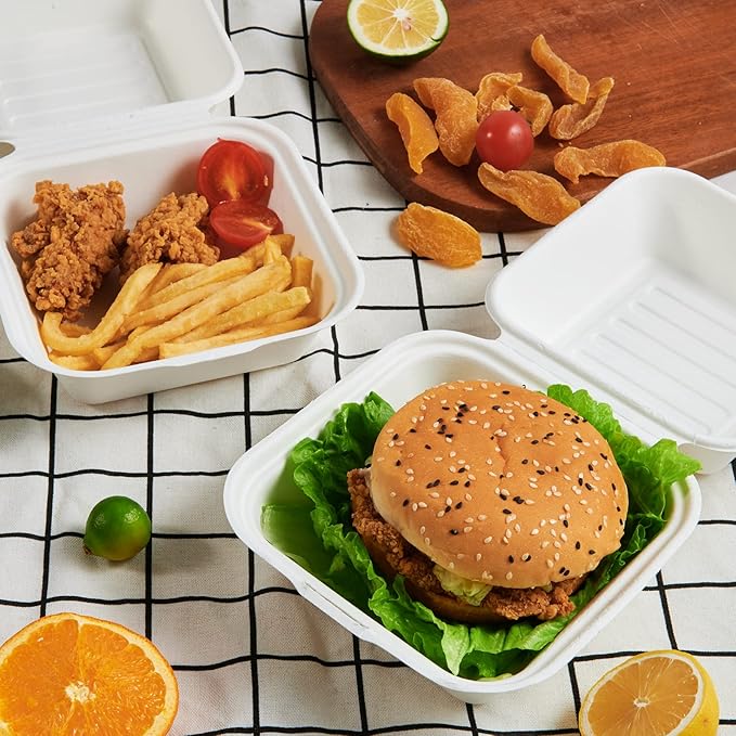 ECOLipak 200 Pack Clamshell Take Out Food Containers, 100% Compostable Disposable To Go Containers,6 * 6 inch To Go Boxes for Salad, Cake,Sandwiches