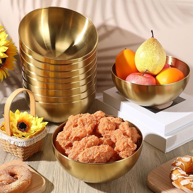 Nuogo 15 Pcs Gold Mixing Bowls Metal Stainless Steel Soup Bowl for Kitchen Fruit Salad Snack Appetizer Cereal Noodle Facial Sugar Serving Cooking Baking Prepping, 5.9 Inches