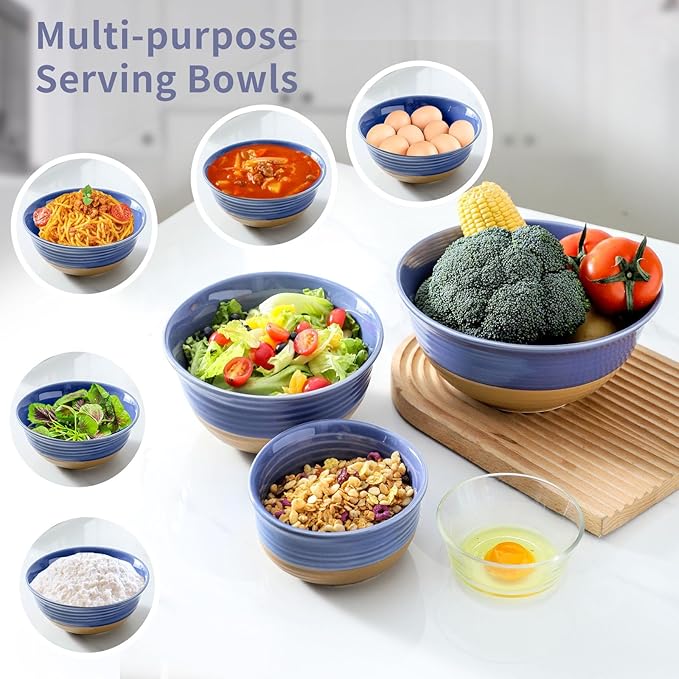 Hasense Mixing Bowls, Stoneware Large Serving Dishes for Entertaing Set of 3, 84/40/20 OZ Bowls for Kitchen, Nesting Salad Bowls for Prepping Soup Popcorn Cooking, Dishwasher Microwave Safe, Purple