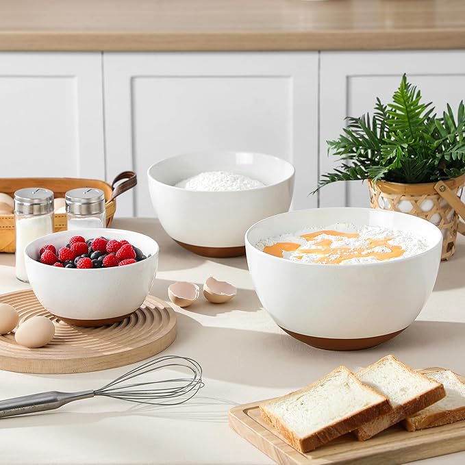MALACASA Ceramic Large Mixing Bowls, Large Serving Bowls for Cooking, Prepping, Baking, Salad, Soup, Popcorn, Pasta, Nesting Bowls Set of 3, 4.38/2.5/1.44 Qt, Oven, Microwave and Dishwasher Safe