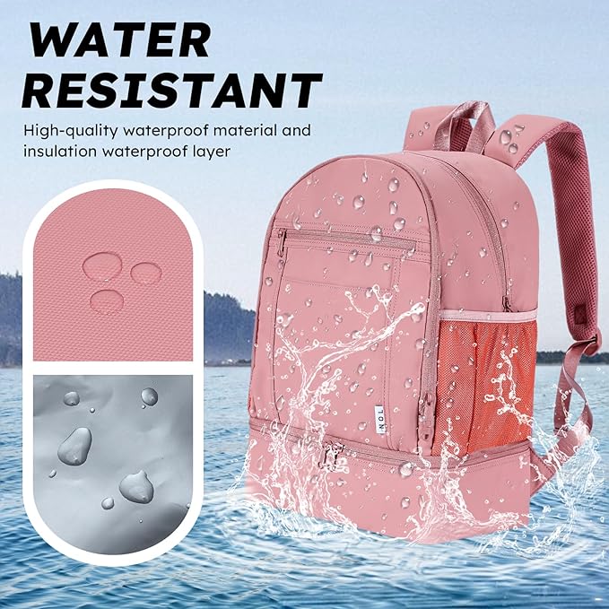 NOL Natural Organic Lifestyle Kids 2-in-1 Backpack & Insulated Lunch Bag-16"Multi-Functional Large Compartments Backpack for School & Travel, Double Deck, Water Resistant, Leak-proof, Padded-Dark Pink