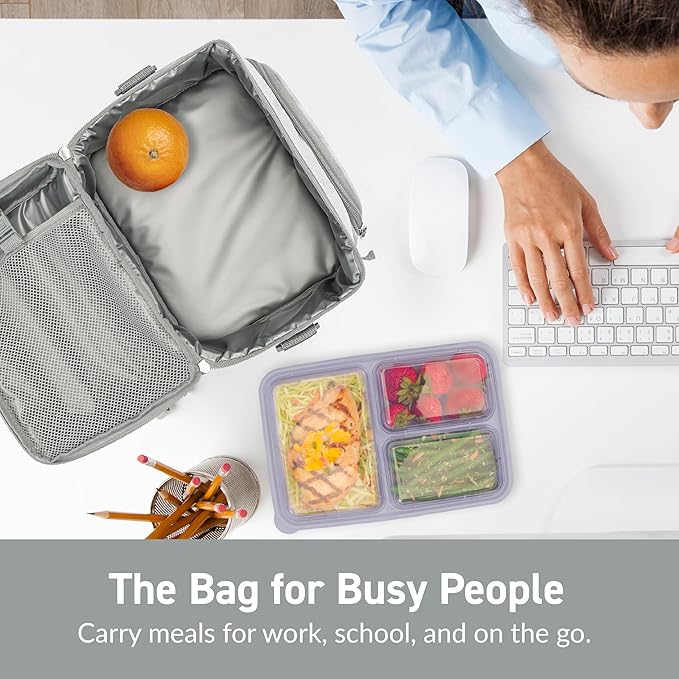 Bentgo Deluxe Lunch Bag - Durable and Insulated Lunch Tote with Zippered Outer Pocket, Internal Mesh Pocket, Padded & Adjustable Straps, & 2-Way Zippers - Fits Most Lunch Boxes (White Marble)
