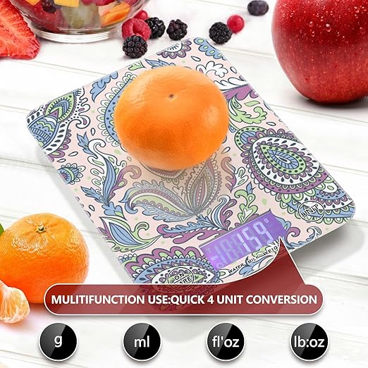Food Scale Kitchen Digital Scale Food Ounces and Grams Dieting Baking Cooking Waterproof Glass Panels LCD Display,4 Units Scale Tare Function Boho