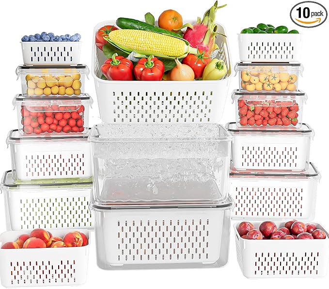 10 Pack Fruit Storage Containers for Fridge with Removable Colanders - Food Storage Containers with Lids, BPA-Free Produce Containers Keep Fruits, Vegetables, Berry, Meat Fresh Longer