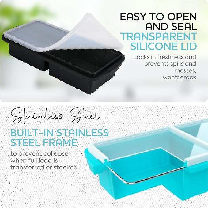 Silicone Freezer Tray With Lid-Soup Freezer Container molds-2-cup Extra Large Ice Cube Tray-makes 4 perfect 500ml portions cubes, For freezing soup,stews,sauces.Oven&Dishwasher-Safe(2-Pack)