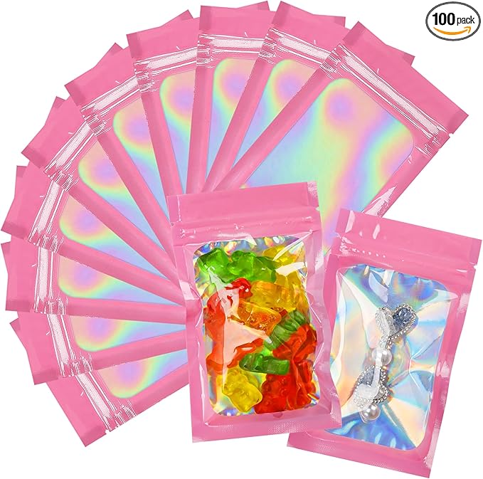 100 Pcs Holographic Bags Smell Proof Bags with Clear Window Packaging Bags for Food Storage Sealable Bags for Small Business(3×5Inch)
