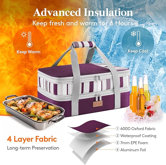 Lifewit Expandable Insulated Casserole Carrier for Hot or Cold Food, Double Decker Food Bag Lasagna Holder Carry Tote for Potluck Parties/Picnic/Cookouts, Fits 9"x13" Baking Dish, Purple