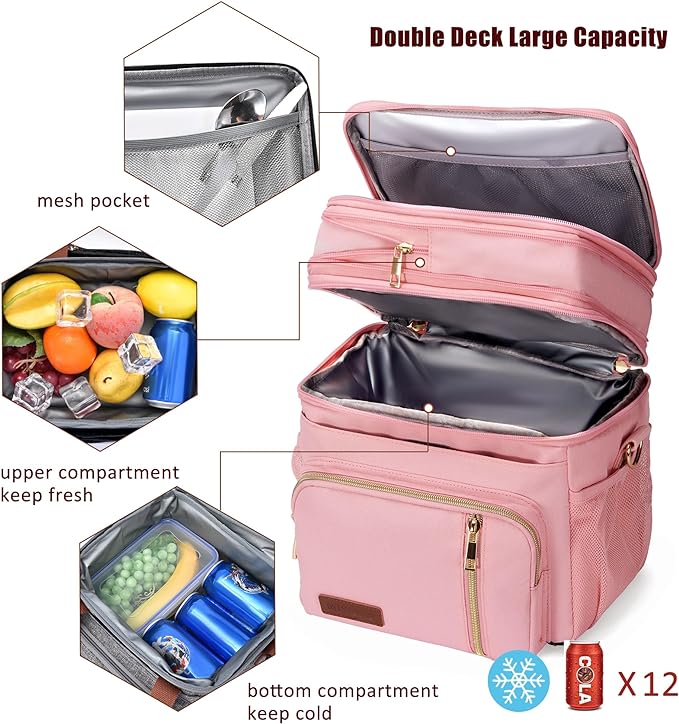 MIYCOO Lunch Bag & Lunch Box for Women Men Double Deck - Leakproof Insulated Soft Large Lunch Cooler Bag, Pink,15L