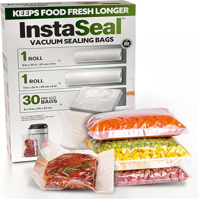 InstaSeal Vacuum Sealer Bags for Food, 1 Roll 8" x 20 Ft + 1 Roll 11" x 20 Ft + 30 Pre Cut Vacuum Seal Bags for Food, Works with MOST Vacuum Sealer Machines, Helps Keep Food Fresher Longer