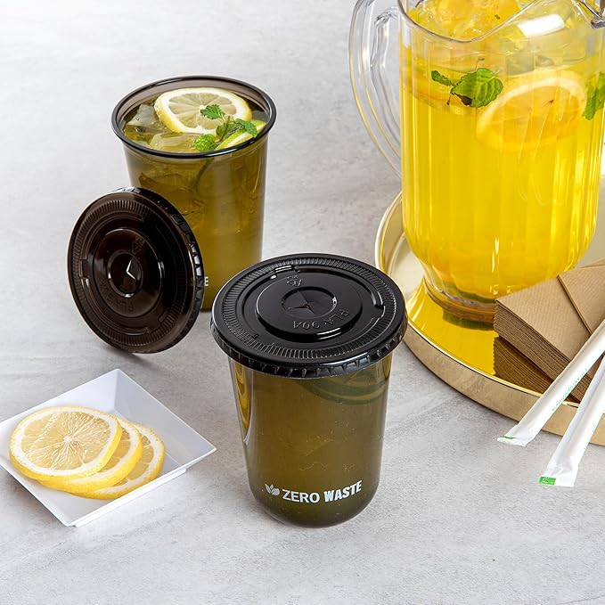 LIDS ONLY: Zero Waste 3.5 x 3.5 Inch Plastic Lids, 100 Disposable Flat Lids - Cups Sold Separately, Commercially Compostable, Black PLA Plastic Lids, Fits 12,16, And 24 Ounce Cups - Restaurantware