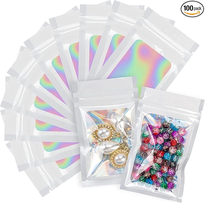 100 Pack Holographic Bags White Packaging Bags Mylar Bags with Window for Food Storage and Small Business(2.4×4Inch)