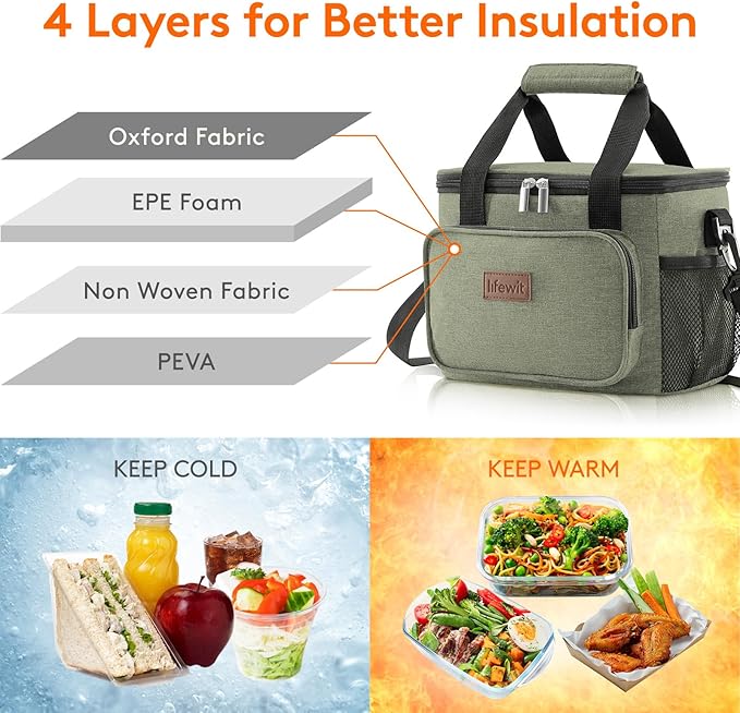 Lifewit Large Lunch Bag Insulated Lunch Box Soft Cooler Cooling Tote for Adult Men Women, Dark Green 12-Can (9L)