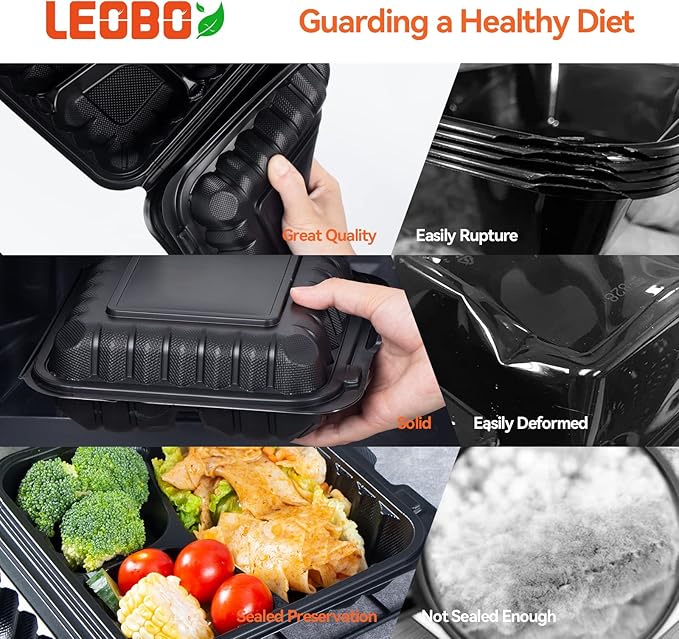 Meal Prep Containers, Reusable 65 Pack Clamshell Food Container 7.8 Inch Black MFPP 3 Compartment To Go Bento Boxes