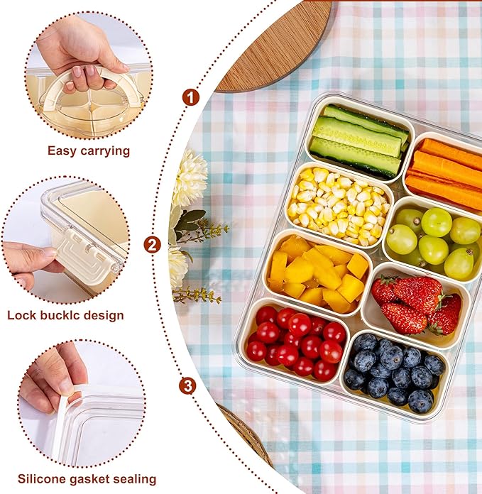 U-QE Dishwasher Safe Snackle Box Container with 8 Small Snacks Box - Premium Ivory Plastic Divided Serving Tray with Lid and Handle for Snack, Veggie, Fruits, Perfect for Party, Picnic, Entertaining