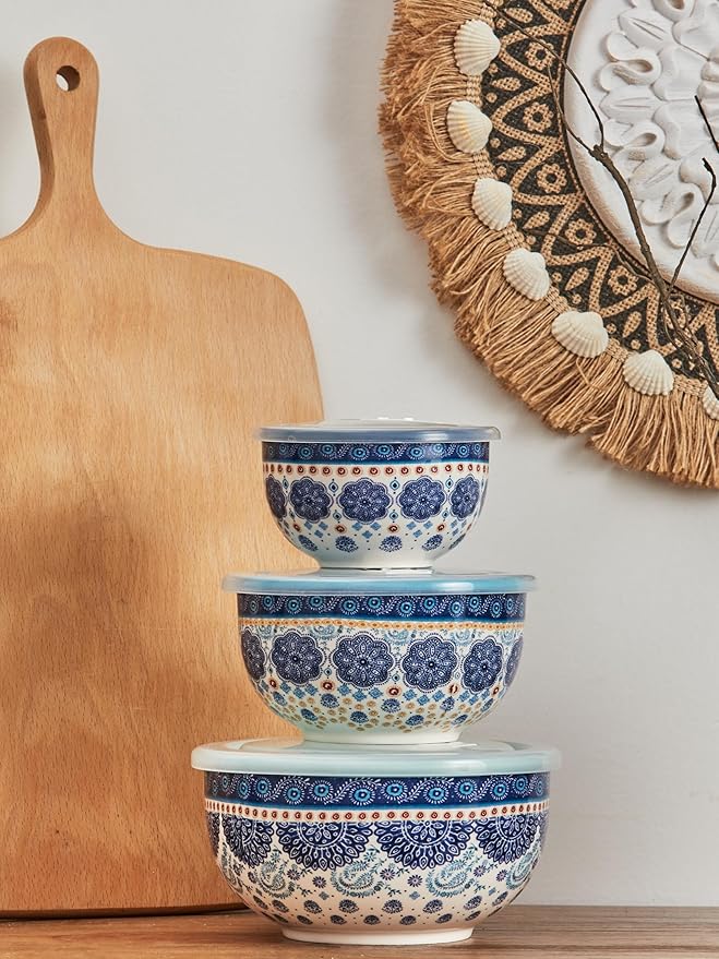 Bico Blue Talavera Ceramic Bowl with Air Tight Lid Set of 3(27oz, 18oz, 9oz each), Prep bowls, Food Storage Bowl for Salad, Snacks, Fruits, Microwave and Dishwasher Safe