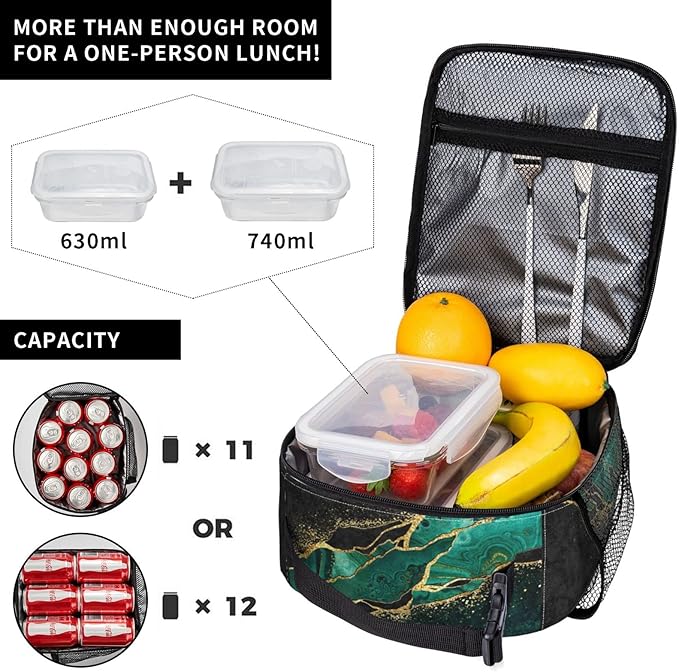 YETTA YANG Marble Black Green Gold Portable Lunch Bag Insulated Lunch Box Reusable Totes For Women Men Work Picnic Camping